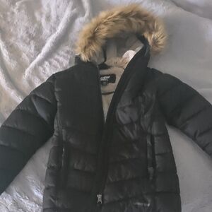 Lands' End Black Kids Puffer Jacket with Faux Fur Hood